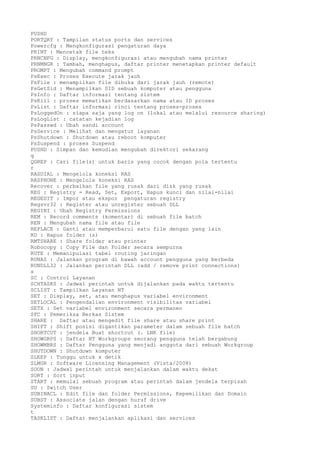 PUSHD
PORTQRY : Tampilan status ports dan services
Powercfg : Mengkonfigurasi pengaturan daya
PRINT : Mencetak file teks
PRNCNFG : Display, mengkonfigurasi atau mengubah nama printer
PRNMNGR : Tambah, menghapus, daftar printer menetapkan printer default
PROMPT : Mengubah command prompt
PsExec : Proses Execute jarak jauh
PsFile : menampilkan file dibuka dari jarak jauh (remote)
PsGetSid : Menampilkan SID sebuah komputer atau pengguna
PsInfo : Daftar informasi tentang sistem
PsKill : proses mematikan berdasarkan nama atau ID proses
PsList : Daftar informasi rinci tentang proses-proses
PsLoggedOn : siapa saja yang log on (lokal atau melalui resource sharing)
PsLogList : catatan kejadian log
PsPasswd : Ubah sandi account
PsService : Melihat dan mengatur layanan
PsShutdown : Shutdown atau reboot komputer
PsSuspend : proses Suspend
PUSHD : Simpan dan kemudian mengubah direktori sekarang
q
QGREP : Cari file(s) untuk baris yang cocok dengan pola tertentu
r
RASDIAL : Mengelola koneksi RAS
RASPHONE : Mengelola koneksi RAS
Recover : perbaikan file yang rusak dari disk yang rusak
REG : Registry = Read, Set, Export, Hapus kunci dan nilai-nilai
REGEDIT : Impor atau ekspor pengaturan registry
Regsvr32 : Register atau unregister sebuah DLL
REGINI : Ubah Registry Permissions
REM : Record comments (komentar) di sebuah file batch
REN : Mengubah nama file atau file
REPLACE : Ganti atau memperbarui satu file dengan yang lain
RD : Hapus folder (s)
RMTSHARE : Share folder atau printer
Robocopy : Copy File dan Folder secara sempurna
RUTE : Memanipulasi tabel routing jaringan
RUNAS : Jalankan program di bawah account pengguna yang berbeda
RUNDLL32 : Jalankan perintah DLL (add / remove print connections)
s
SC : Control Layanan
SCHTASKS : Jadwal perintah untuk dijalankan pada waktu tertentu
SCLIST : Tampilkan Layanan NT
SET : Display, set, atau menghapus variabel environment
SETLOCAL : Pengendalian environment visibilitas variabel
SETX : Set variabel environment secara permanen
SFC : Pemeriksa Berkas Sistem
SHARE : Daftar atau mengedit file share atau share print
SHIFT : Shift posisi digantikan parameter dalam sebuah file batch
SHORTCUT : jendela Buat shortcut (. LNK file)
SHOWGRPS : Daftar NT Workgroups seorang pengguna telah bergabung
SHOWMBRS : Daftar Pengguna yang menjadi anggota dari sebuah Workgroup
SHUTDOWN : Shutdown komputer
SLEEP : Tunggu untuk x detik
SLMGR : Software Licensing Management (Vista/2008)
SOON : Jadwal perintah untuk menjalankan dalam waktu dekat
SORT : Sort input
START : memulai sebuah program atau perintah dalam jendela terpisah
SU : Switch User
SUBINACL : Edit file dan folder Permissions, Kepemilikan dan Domain
SUBST : Associate jalan dengan huruf drive
Systeminfo : Daftar konfigurasi sistem
t
TASKLIST : Daftar menjalankan aplikasi dan services
 