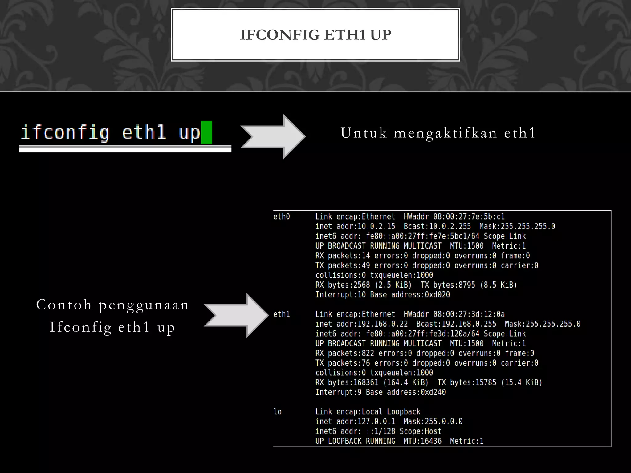 Untuk mengaktifkan eth1
Contoh peng gunaan
Ifconfig eth1 up
IFCONFIG ETH1 UP
 