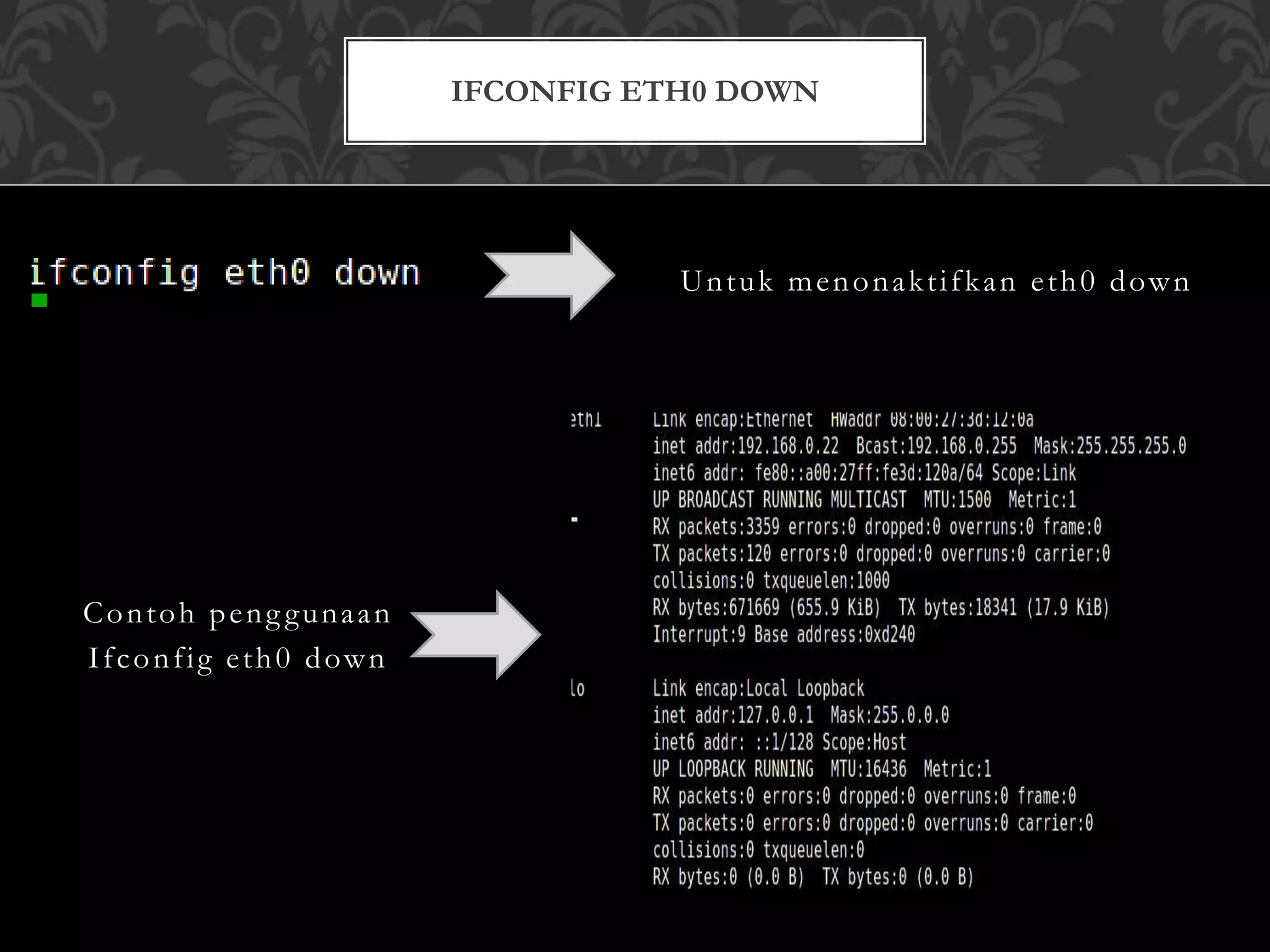 Untuk menonaktifkan eth0 down
Contoh peng gunaan
Ifconfig eth0 down
IFCONFIG ETH0 DOWN
 