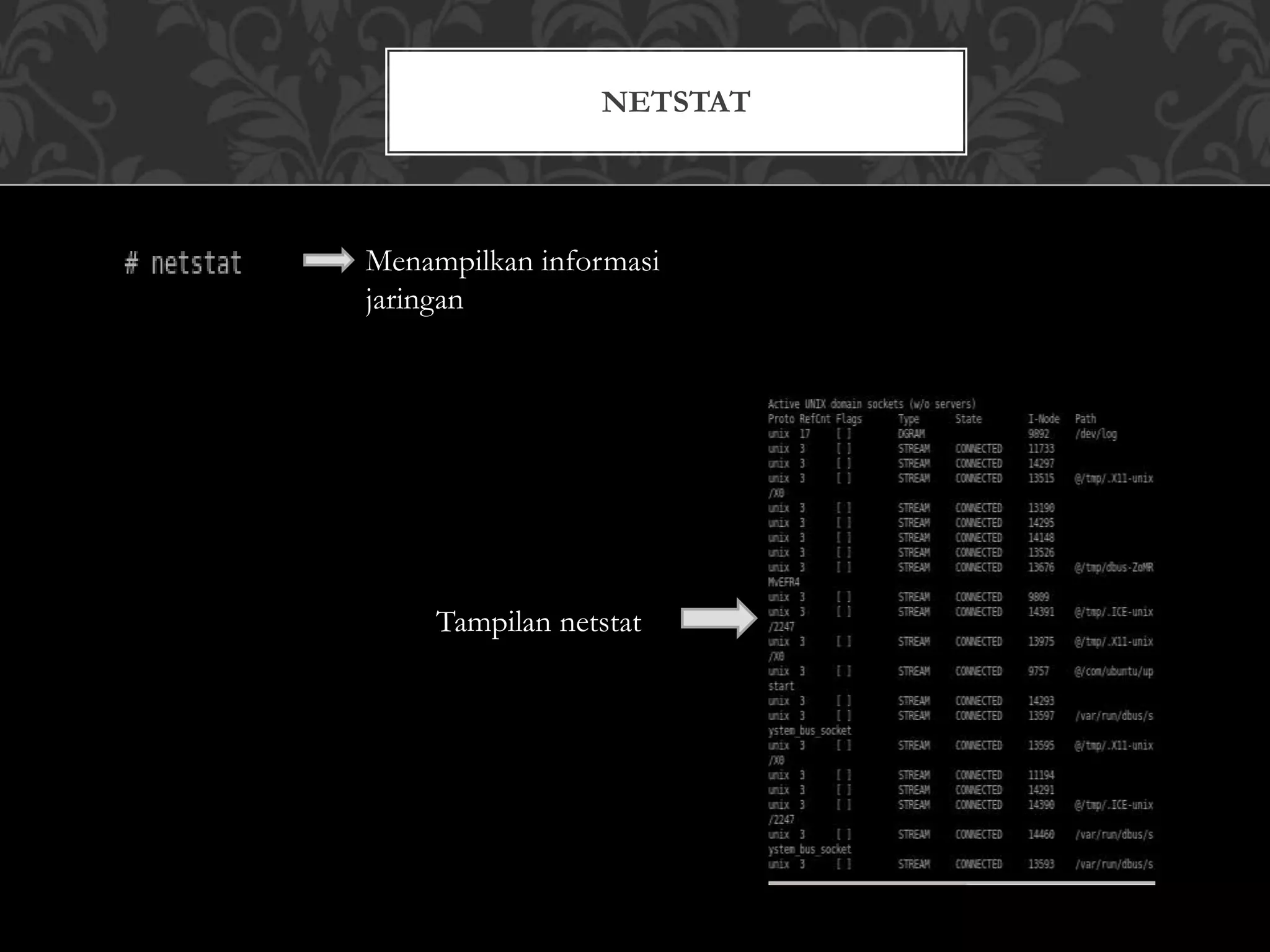 NETSTAT
Menampilkan informasi
jaringan
Tampilan netstat
 