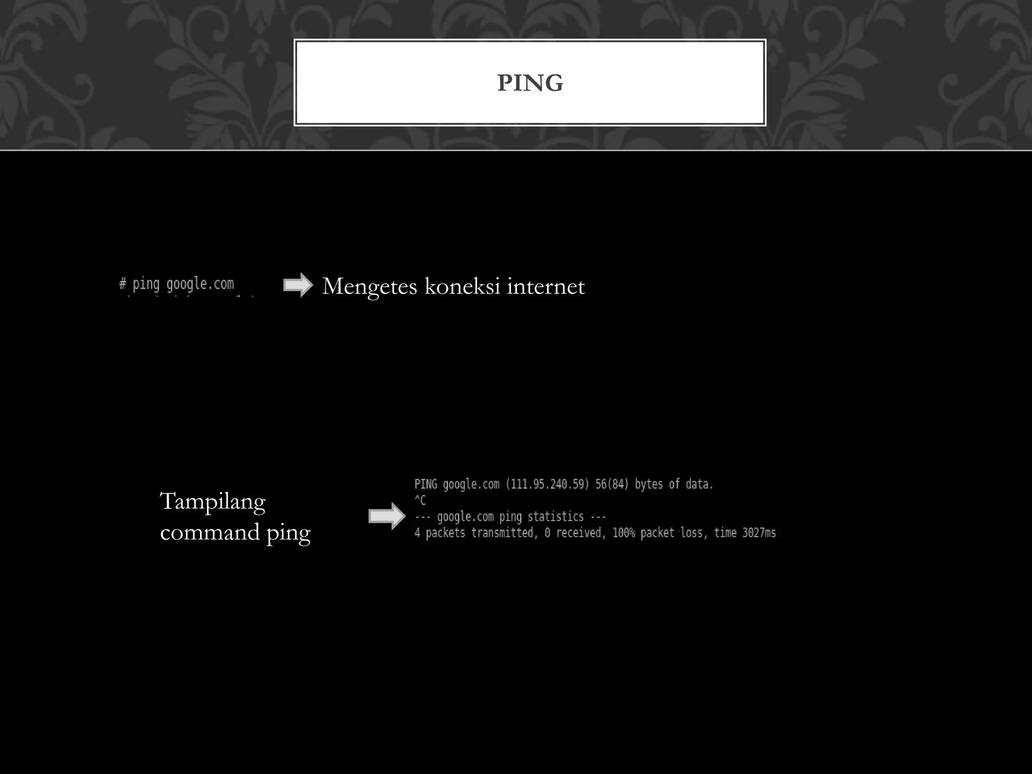 PING
Mengetes koneksi internet
Tampilang
command ping
 