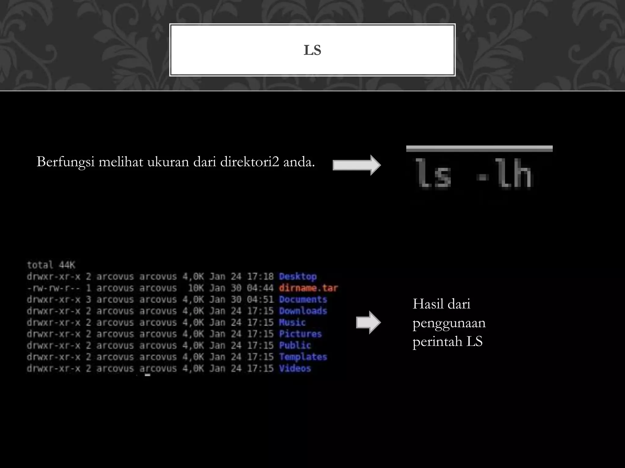 LS
Berfungsi melihat ukuran dari direktori2 anda.
Hasil dari
penggunaan
perintah LS
 