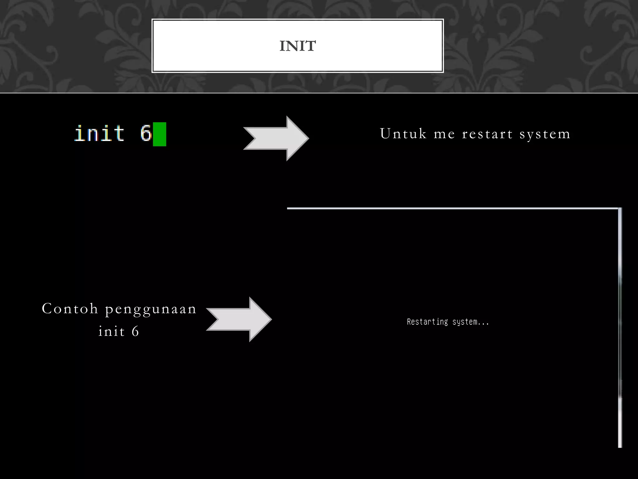 Untuk me restart system
Contoh peng gunaan
init 6
INIT
 