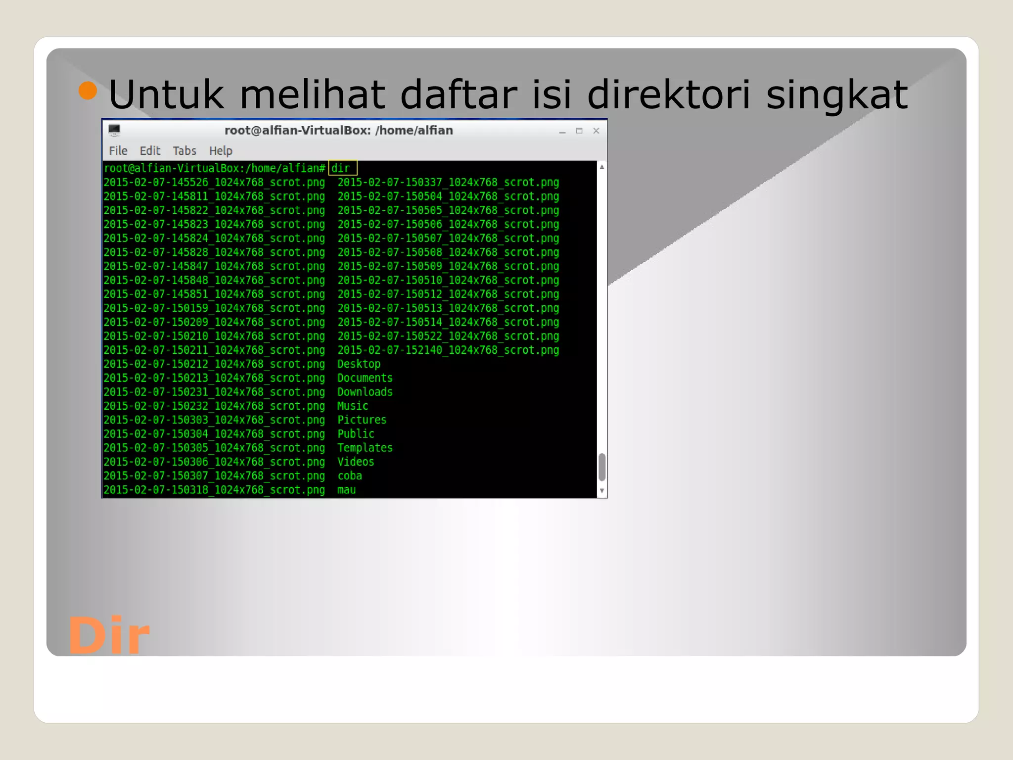 Dir
Untuk melihat daftar isi direktori singkat
 