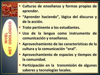 • Culturas de enseñanza y formas propias de
aprender.
• “Aprender haciendo”, lógica del discurso y
de la acción.
• Trato pertinente a los estudiantes.
• Uso de la lengua como instrumento de
comunicación y enseñanza.
• Aprovechamiento de las características de la
cultura y la comunicación “oral”.
• Aprovechamiento de espacios y tiempos de
la comunidad.
• Participación en la transmisión de algunos
saberes y tecnologías locales.
NIVEL
METODOLOGICO
 