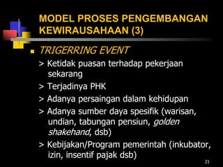 MODEL PROSES PENGEMBANGAN
KEWIRAUSAHAAN (3)
 TRIGERRING EVENT
> Ketidak puasan terhadap pekerjaan
sekarang
> Terjadinya PHK
> Adanya persaingan dalam kehidupan
> Adanya sumber daya spesifik (warisan,
undian, tabungan pensiun, golden
shakehand, dsb)
> Kebijakan/Program pemerintah (inkubator,
izin, insentif pajak dsb)
21
 