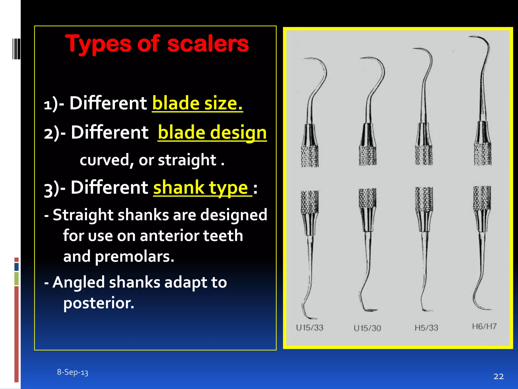 Types of scalers
1)- Different blade size.
2)- Different blade design
curved, or straight .
3)- Different shank type :
- Straight shanks are designed
for use on anterior teeth
and premolars.
- Angled shanks adapt to
posterior.
8-Sep-13
22
 