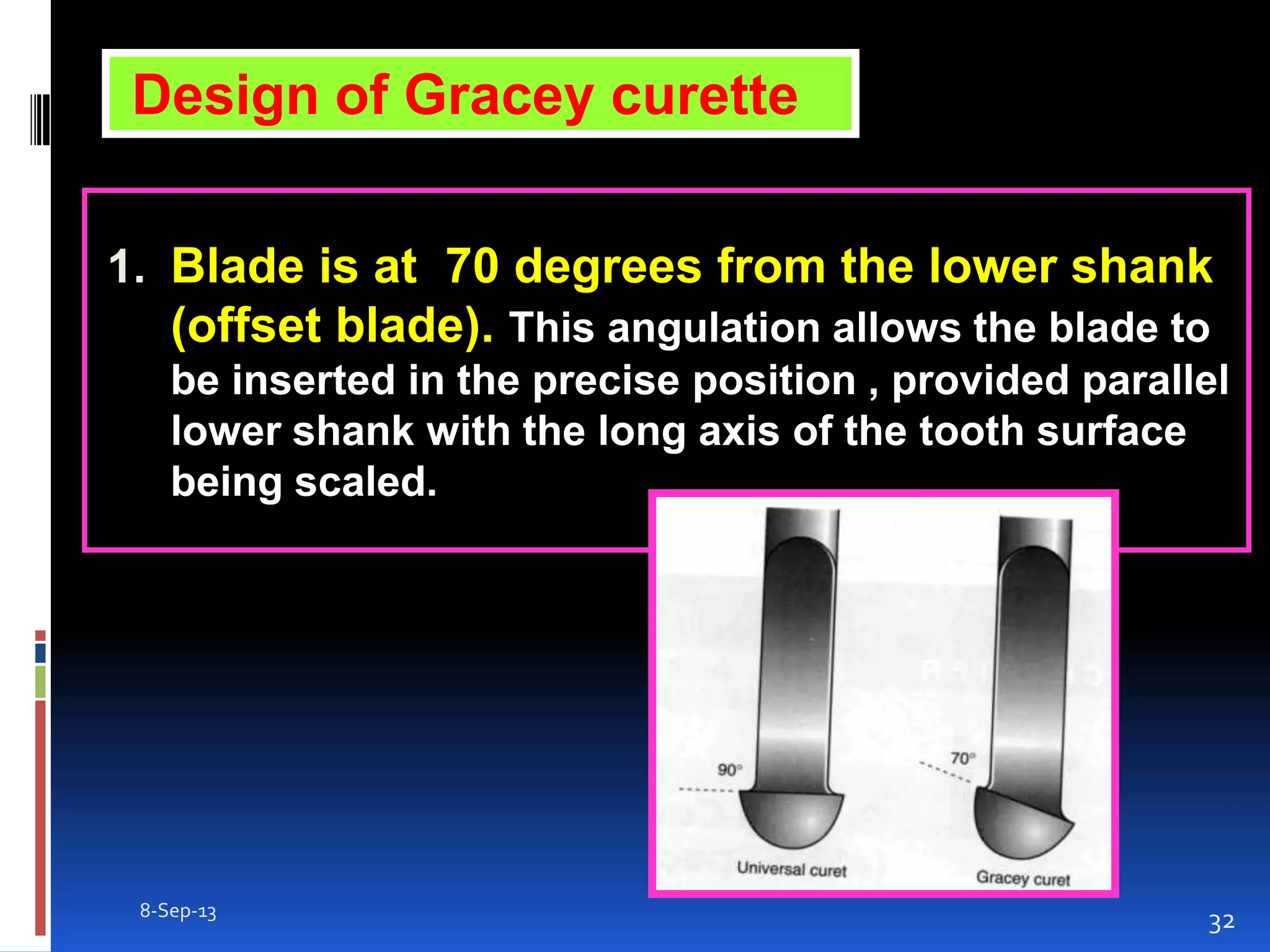 1. Blade is at 70 degrees from the lower shank
(offset blade). This angulation allows the blade to
be inserted in the precise position , provided parallel
lower shank with the long axis of the tooth surface
being scaled.
8-Sep-13
32
Design of Gracey curette
 