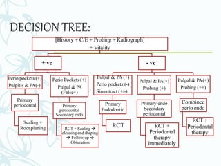 DECISION TREE:
[History + C/E + Probing + Radiograph]
+ Vitality
+ ve
Perio pockets (+)
Pulpitis & PA(-)
Primary
periodontal
Scaling +
Root planing
Perio Pockets (+)
Pulpal & PA
(False+)
Primary
periodontal
Secondary endo
RCT + Scaling 
cleaning and shaping
 Follow up 
Obturation
- ve
Pulpal & PA (+)
Perio pockets (-)
Sinus tract (+/-)
Primary
Endodontic
RCT
Pulpal & PA(+)
Probing (+)
Primary endo
Secondary
periodontal
RCT +
Periodontal
therapy
immediately
Pulpal & PA(+)
Probing (++)
Combined
perio endo
RCT +
Periodontal
therapy
 