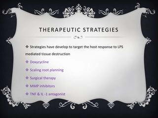 T H E R A P E U T I C ST R AT EG I ES

 Strategies have develop to target the host response to LPS
mediated tissue destruction

 Doxycycline

 Scaling root planning

 Surgical therapy

 MMP inhibitors

 TNF & IL -1 antagonist
 