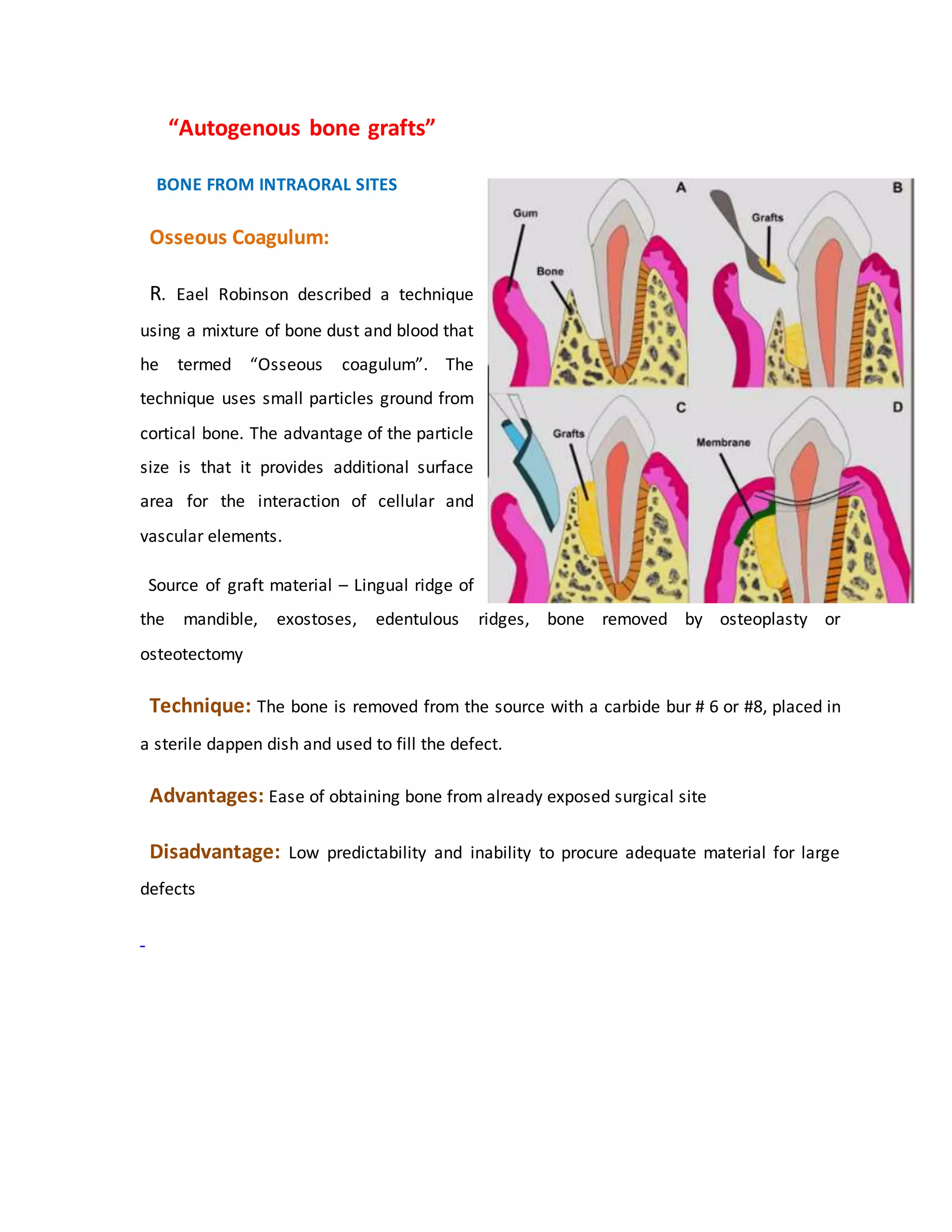 “Autogenous bone grafts”
“”BONE FROM INTRAORAL SITES :”
“Osseous Coagulum:”
“R. Eael Robinson described a technique
using a mixture of bone dust and blood that
he termed “Osseous coagulum”. The
technique uses small particles ground from
cortical bone. The advantage of the particle
size is that it provides additional surface
area for the interaction of cellular and
vascular elements.”
“Source of graft material – Lingual ridge of
the mandible, exostoses, edentulous ridges, bone removed by osteoplasty or
osteotectomy”
“Technique: The bone is removed from the source with a carbide bur # 6 or #8, placed in
a sterile dappen dish and used to fill the defect.”
“Advantages: Ease of obtaining bone from already exposed surgical site”
“Disadvantage: Low predictability and inability to procure adequate material for large
defects”.”
 