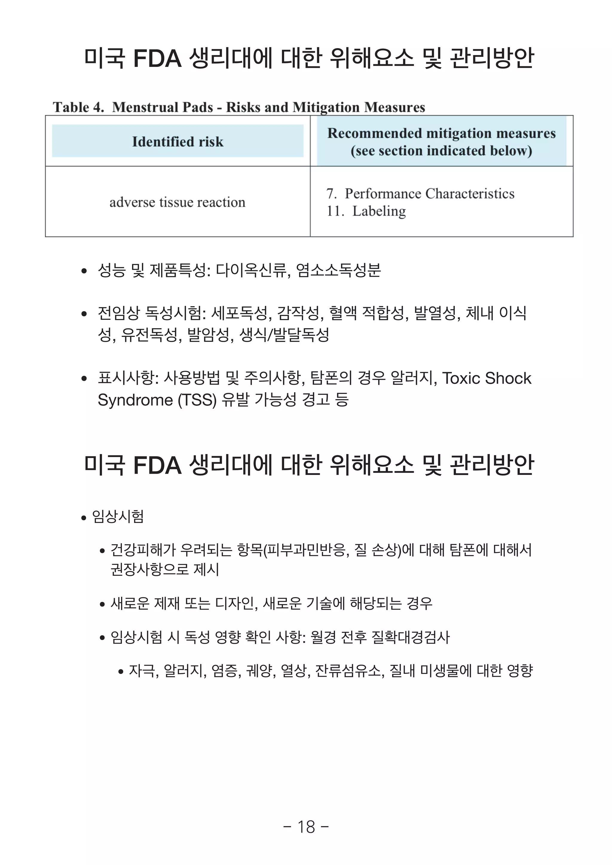 미국 FDA 생리대에 대한 위해요소 및 관리방안
성능 및 제품특성: 다이옥신류, 염소소독성분
전임상 독성시험: 세포독성, 감작성, 혈액 적합성, 발열성, 체내 이식
성, 유전독성, 발암성, 생식/발달독성
표시사항: 사용방법 및 주의사항, 탐폰의 경우 알러지, Toxic Shock
Syndrome (TSS) 유발 가능성 경고 등
미국 FDA 생리대에 대한 위해요소 및 관리방안
임상시험
건강피해가 우려되는 항목(피부과민반응, 질 손상)에 대해 탐폰에 대해서
권장사항으로 제시
새로운 제재 또는 디자인, 새로운 기술에 해당되는 경우
임상시험 시 독성 영향 확인 사항: 월경 전후 질확대경검사
자극, 알러지, 염증, 궤양, 열상, 잔류섬유소, 질내 미생물에 대한 영향
- 18 -
 