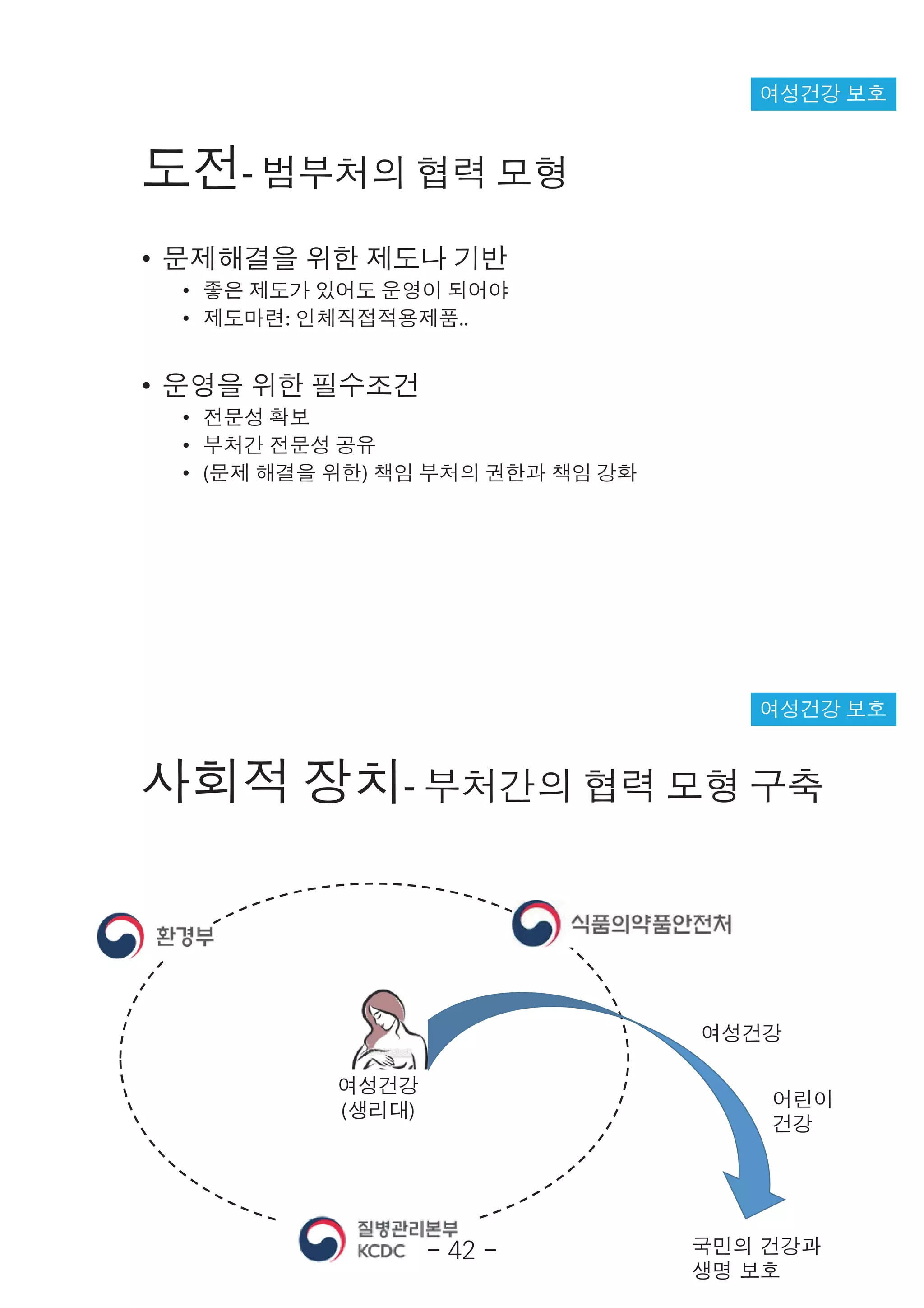 도전- 범부처의 협력 모형
• 문제해결을 위한 제도나 기반
• 좋은 제도가 있어도 운영이 되어야
• 제도마련: 인체직접적용제품..
• 운영을 위한 필수조건
• 전문성 확보
• 부처간 전문성 공유
• (문제 해결을 위한) 책임 부처의 권한과 책임 강화
여성건강 보호
사회적 장치- 부처간의 협력 모형 구축
여성건강 보호
여성건강
어린이
건강
국민의 건강과
생명 보호
여성건강
(생리대)
- 42 -
 