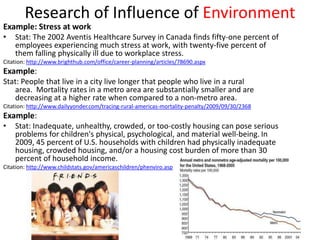 Research of Influence of Environment
Example: Stress at work
•   Stat: The 2002 Aventis Healthcare Survey in Canada finds fifty-one percent of
    employees experiencing much stress at work, with twenty-five percent of
    them falling physically ill due to workplace stress.
Citation: http://www.brighthub.com/office/career-planning/articles/78690.aspx
Example:
Stat: People that live in a city live longer that people who live in a rural
   area. Mortality rates in a metro area are substantially smaller and are
   decreasing at a higher rate when compared to a non-metro area.
Citation: http://www.dailyyonder.com/tracing-rural-americas-mortality-penalty/2009/09/30/2368
Example:
•   Stat: Inadequate, unhealthy, crowded, or too-costly housing can pose serious
    problems for children's physical, psychological, and material well-being. In
    2009, 45 percent of U.S. households with children had physically inadequate
    housing, crowded housing, and/or a housing cost burden of more than 30
    percent of household income.
Citation: http://www.childstats.gov/americaschildren/phenviro.asp
 