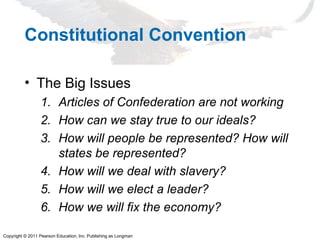 Constitutional Convention

          • The Big Issues
                 1. Articles of Confederation are not working
                 2. How can we stay true to our ideals?
                 3. How will people be represented? How will
                    states be represented?
                 4. How will we deal with slavery?
                 5. How will we elect a leader?
                 6. How we will fix the economy?

Copyright © 2011 Pearson Education, Inc. Publishing as Longman
 