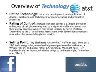 Overview of Technology
• Define Technology: the study, development, and application of
   devices, machines, and techniques for manufacturing and productive
   processes
• Rating of Control: average teenager spends a 31 hours per week
   online, use of cell phones may lead to a higher risk of brain cancer, that
   their use by pregnant women may result in badly behaved children.
   "According to the CTIA-Wireless Association, over 250 million Americans
   now subscribe to a cellular-phone service.


• Selling Point: "My BlackBerry runs my life," Hoffman says. She's got a
   24/7 technology habit, even checking messages from the bathroom, a
   Whistler ski lift, and a pool raft at L.A.'s Chateau Marmont hotel. Her
   boyfriend calls her laptop, which she brings to bed every night, "the other
   man.“ Rate: 5
 
