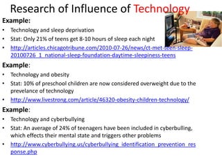 Research of Influence of Technology
Example:
• Technology and sleep deprivation
• Stat: Only 21% of teens get 8-10 hours of sleep each night
• http://articles.chicagotribune.com/2010-07-26/news/ct-met-teen-sleep-
  20100726_1_national-sleep-foundation-daytime-sleepiness-teens
Example:
• Technology and obesity
• Stat: 10% of preschool children are now considered overweight due to the
  prevelance of technology
• http://www.livestrong.com/article/46320-obesity-children-technology/
Example:
• Technology and cyberbullying
• Stat: An average of 24% of teenagers have been included in cyberbulling,
  which effects their mental state and triggers other problems
• http://www.cyberbullying.us/cyberbullying_identification_prevention_res
  ponse.php
 