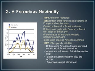 • 1804 Jefferson reelected 
• 1805 Britain and France reign supreme in 
Europe and on the seas 
• Cause problems for American trade 
• British close trade with Europe, unless it 
first stops at British port 
• French seize all merchant vessels 
(including American) 
• Both sides impress American seamen 
• 1807- Che s a p e a ke incident 
• British seize American frigate, demand 
surrender of American sailors 
• Americans refuse and British fire on the 
ship 
• British government admit they are 
wrong 
• American’s upset at incident 
 