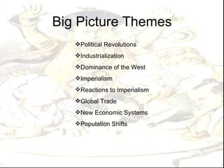 Big Picture Themes
   Political Revolutions
   Industrialization
   Dominance of the West
   Imperialism
   Reactions to Imperialism
   Global Trade
   New Economic Systems
   Population Shifts
 