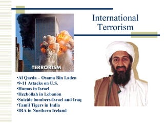 International
                                    Terrorism




•Al Qaeda – Osama Bin Laden
•9-11 Attacks on U.S.
•Hamas in Israel
•Hezbollah in Lebanon
•Suicide bombers-Israel and Iraq
•Tamil Tigers in India
•IRA in Northern Ireland
 