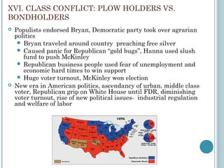 XVI. CLASS CONFLICT: PLOW HOLDERS VS.
BONDHOLDERS
 Populists endorsed Bryan, Democratic party took over agrarian
politics
 Bryan traveled around country preaching free silver
 Caused panic for Republican “gold bugs”, Hanna used slush
fund to push McKinley
 Republican business people used fear of unemployment and
economic hard times to win support
 Huge voter turnout, McKinley won election
 New era in American politics, ascendancy of urban, middle class
voter, Republican grip on White House until FDR, diminishing
voter turnout, rise of new political issues- industrial regulation
and welfare of labor
 