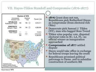 VII. Hayes-Tilden Standoff and Compromise (1876-1877)
 1876 Grant does not run,
Republicans pick Rutherford Hayes
as compromise (from electoral rich
Ohio)
 Democrats pick Samuel J. Tilden
(NY), man who bagged Boss Tweed
 Tilden wins popular vote, disputed
electoral votes in SC, LA, FL- no
official winner as inauguration
approached
 Compromise of 1877 settled
dispute
 Hayes would take office in exchange
for federal troops leaving the south
 Republicans promised political
patronage to Dems. and to subsidize
construction of southern RR
 