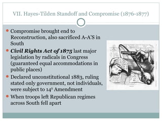 VII. Hayes-Tilden Standoff and Compromise (1876-1877)
Compromise brought end to
Reconstruction, also sacrificed A-A’S in
South
Civil Rights Act of 1875 last major
legislation by radicals in Congress
(guaranteed equal accommodations in
public places)
Declared unconstitutional 1883, ruling
stated only government, not individuals,
were subject to 14th
Amendment
When troops left Republican regimes
across South fell apart
 