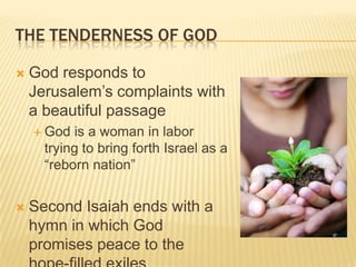 The Tenderness of GodGod responds to Jerusalem’s complaints with a beautiful passageGod is a woman in labor trying to bring forth Israel as a “reborn nation”Second Isaiah ends with a hymn in which God promises peace to the hope-filled exiles