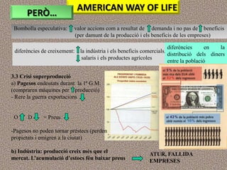 AMERICAN WAY OF LIFE
      PERÒ…
 Bombolla especulativa:   valor accions com a resultat de demanda i no pas de beneficis
                          (per damunt de la producció i els beneficis de les empreses)

                                                                     diferències      en  la
 diferències de creixement: la indústria i els beneficis comercials,
                                                                     distribució dels diners
                             salaris i els productes agrícoles
                                                                     entre la població

3.3 Crisi superproducció
a) Pagesos endeutats durant la 1ª G.M.
(compraren màquines per producció)
- Rere la guerra exportacions


 O     D     = Preus

-Pagesos no poden tornar préstecs (perden
propietats i emigren a la ciutat)

b) Indústria: producció creix més que el                   ATUR, FALLIDA
mercat. L’acumulació d’estocs féu baixar preus             EMPRESES
 