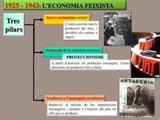 1925 - 1943: L’ECONOMIA FEIXISTA
            Intervencionisme estatal
Tres                    L‟estat controla tota la
pilars                  producció del país, i
                        decideix els camins a
                        seguir.


            Protecció de la indústria nacional
                         PROTECCIONISME
               A partir d‟aranzels als productes estrangers, l‟estat
               afavoreix els productes fets a Itàlia.




            Tendència a l’autarquia econòmica
             Reducció al màxim de les importacions
             estrangeres, i produir a l‟interior del país tot
             allò que es produeix.
 