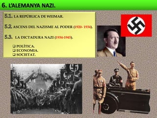 6. L’ALEMANYA NAZI.
    LA REPÚBLICA DE WEIMAR.


    ASCENS DEL NAZISME AL PODER (1920- 1934).


     LA DICTADURA NAZI (1934-1945).

    POLÍTICA.
    ECONOMIA.
    SOCIETAT.
 