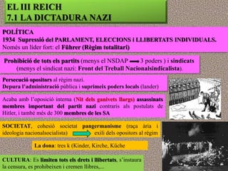 EL III REICH
 7.1 LA DICTADURA NAZI
POLÍTICA
1934 Supressió del PARLAMENT, ELECCIONS i LLIBERTATS INDIVIDUALS.
Només un líder fort: el Führer (Règim totalitari)

Prohibició de tots els partits (menys el NSDAP      3 poders ) i sindicats
    (menys el sindicat nazi: Front del Treball Nacionalsindicalista).
Persecució opositors al règim nazi.
Depura l’administració pública i suprimeix poders locals (lander)

Acaba amb l‟oposició interna (Nit dels ganivets llargs) assassinats
membres important del partit nazi contraris als postulats de
Hitler, i també més de 300 membres de les SA

SOCIETAT, cohesió societat pangermanisme (raça ària i
ideologia nacionalsocialista)  exili dels opositors al règim

             La dona: tres k (Kinder, Kirche, Küche

CULTURA: Es limiten tots els drets i llibertats, s‟instaura
la censura, es prohibeixen i cremen llibres,...
 