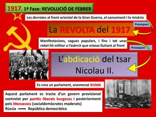 1917. 1ª Fase: REVOLUCIÓ DE FEBRER
            Les derrotes al front oriental de la Gran Guerra, el cansament i la misèria
                                                                                   Provoquen

                          La REVOLTA del 1917
                    Manifestacions, vagues populars, i fins i tot una
                    rebel·lió militar a l’exèrcit que estava lluitant al front   Provoquen



                                L’abdicació del tsar
                                     Nicolau II.
                  Es crea un parlament, anomenat DUMA

Aquest parlament es tracta d’un govern provisional
controlat per partits liberals burgesos i posteriorment
pels Menxevics (socialdemòcrates moderats)
Rússia       República democràtica
 