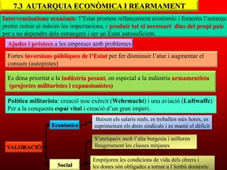 7.3 AUTARQUIA ECONÒMICA I REARMAMENT
Intervencionisme econòmic: l‟Estat promou rellançament econòmic i fomenta l‟autarqui
pretén reduir al màxim les importacions, i produir tot el necessari dins del propi país
per a no dependre dels estrangers i ser un Estat autosuficient.
  Ajudes i préstecs a les empreses amb problemes
  Fortes inversions públiques de l’Estat per fer disminuir l‟atur i augmentar el
  consum (autopistes)

  Es dóna prioritat a la indústria pesant, en especial a la indústria armamentista
  (projectes militaristes i expansionistes)

  Política militarista: creació nou exèrcit (Wehrmacht) i una aviació (Luftwaffe)
  Per a la conquesta espai vital i creació d‟un gran imperi.
                                     Baixen els salaris reals, es treballen més hores, es
                   Econòmica        suprimeixen els drets sindicals i es manté el dèficit

                                    S‟enriqueix molt l‟alta burgesia i milloren
 VALORACIÓ                          lleugerament les classes mitjanes

                                   Empitjoren les condicions de vida dels obrers i
                     Social        les dones són obligades a tornar a l‟àmbit domèstic
 