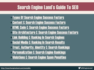 Search Engine Land’s Guide To SEO
•Types Of Search Engine Success Factors
•Content & Search Engine Success Factors
•HTML C...