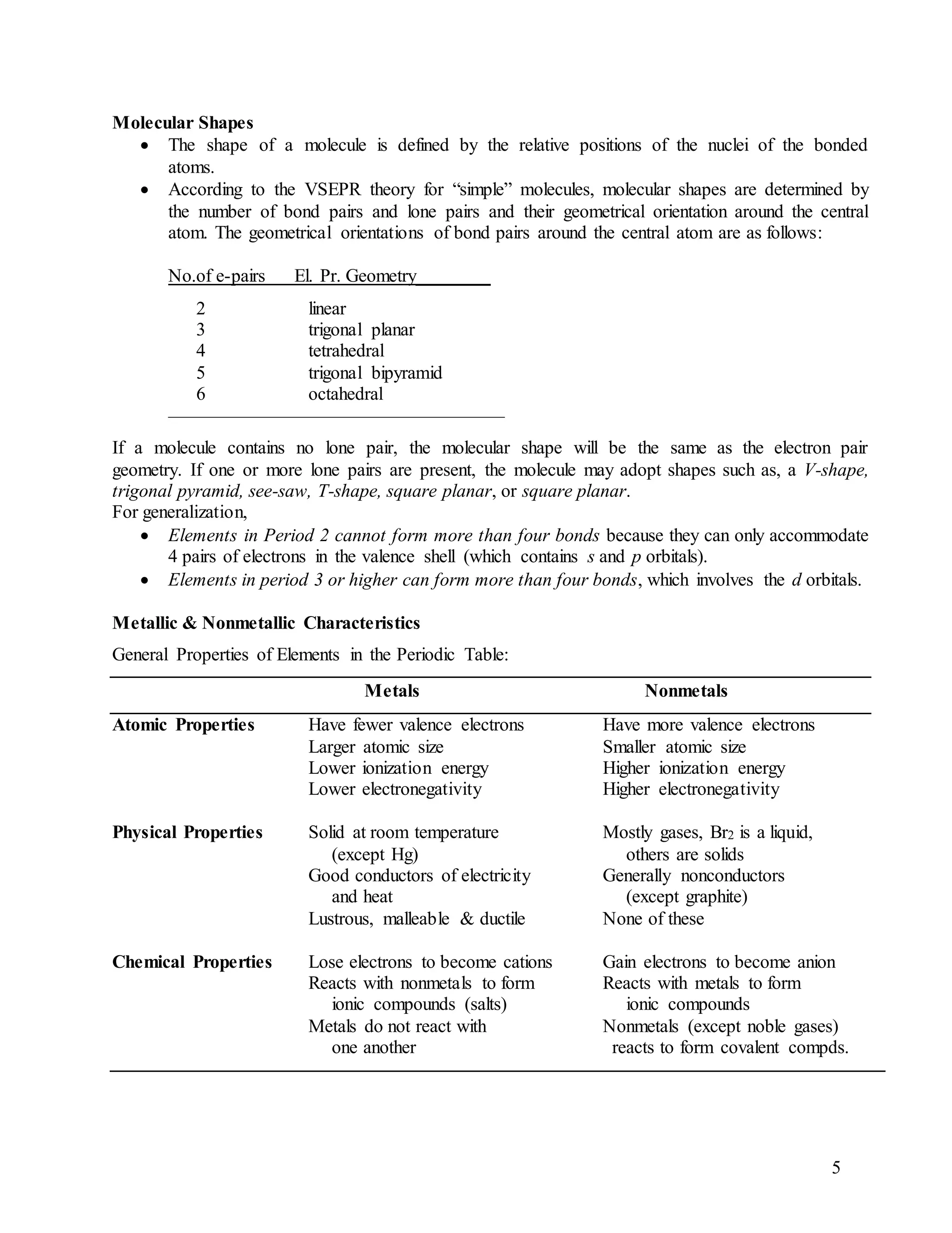 5
Molecular Shapes
 The shape of a molecule is defined by the relative positions of the nuclei of the bonded
atoms.
 According to the VSEPR theory for “simple” molecules, molecular shapes are determined by
the number of bond pairs and lone pairs and their geometrical orientation around the central
atom. The geometrical orientations of bond pairs around the central atom are as follows:
No.of e-pairs El. Pr. Geometry________
2 linear
3 trigonal planar
4 tetrahedral
5 trigonal bipyramid
6 octahedral
——————————————————
If a molecule contains no lone pair, the molecular shape will be the same as the electron pair
geometry. If one or more lone pairs are present, the molecule may adopt shapes such as, a V-shape,
trigonal pyramid, see-saw, T-shape, square planar, or square planar.
For generalization,
 Elements in Period 2 cannot form more than four bonds because they can only accommodate
4 pairs of electrons in the valence shell (which contains s and p orbitals).
 Elements in period 3 or higher can form more than four bonds, which involves the d orbitals.
Metallic & Nonmetallic Characteristics
General Properties of Elements in the Periodic Table:
Metals Nonmetals
Atomic Properties Have fewer valence electrons Have more valence electrons
Larger atomic size Smaller atomic size
Lower ionization energy Higher ionization energy
Lower electronegativity Higher electronegativity
Physical Properties Solid at room temperature Mostly gases, Br2 is a liquid,
(except Hg) others are solids
Good conductors of electricity Generally nonconductors
and heat (except graphite)
Lustrous, malleable & ductile None of these
Chemical Properties Lose electrons to become cations Gain electrons to become anion
Reacts with nonmetals to form Reacts with metals to form
ionic compounds (salts) ionic compounds
Metals do not react with Nonmetals (except noble gases)
one another reacts to form covalent compds.
 