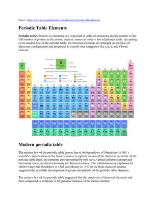 Source: https://www.priyamstudycentre.com/chemistry/periodic-table-elements
Periodic Table Elements
Periodic table elements in chemistry are organized in order of increasing atomic number or the
full number of protons in the atomic nucleus, names as modern law of periodic table. According
to the modern law of the periodic table, the chemical elements are arranged on the basis of
electronic configuration and properties to classify four categories like s, p, d, and f-block
element.
Modern periodic table
The modern law of the periodic table comes due to the breakdown of Mendeleev's (1861)
scientific classification on the basis of atomic weight or masses of the chemical elements. In the
periodic table chart, the elements are represented by two parts, vertical columns (group) and
horizontal rows (period) in chemistry or chemical science. The initial discovery explained by
Dmitri Ivanovich Mendeleev in 1861 and Mosely in 1911 to the Bohr model or scheme
suggested the scientific development of groups and periods of the periodic table elements.
The modern law of the periodic table suggested that the properties of chemical elements and
their compound or molecule is the periodic function of the atomic number.
 