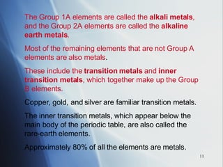 The Group 1A elements are called the  alkali metals , and the Group 2A elements are called the  alkaline earth metals . Most of the remaining elements that are not Group A elements are also metals . These include the  transition metals  and  inner transition metals , which together make up the Group B elements. Copper, gold, and silver are familiar transition metals.  The inner transition metals, which appear below the main body of the periodic table, are also called the rare-earth elements. Approximately 80% of all the elements are metals. 