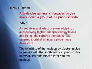 Group Trends  Atomic size generally increases as you  move  down a group of the periodic table. Why? As you descend, electrons are added to  successively higher principal energy levels  and the nuclear charge increases. The  outermost orbital is larger as you move  downward. The shielding of the nucleus by electrons also  increases with the additional occupied orbitals  between the outermost orbital and the  nucleus. 