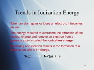 Trends in Ionization Energy When an atom gains or loses an electron, it becomes an ion. The energy required to overcome the attraction of the nuclear charge and remove an electron from a gaseous atom is called the  ionization energy . Removing one electron results in the formation of a positive ion with a 1+ charge.  Na( g )  Na + ( g )  +  e - 