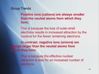 Group Trends Positive ions (cations) are always smaller  than the neutral atoms from which they  form.   This is because the loss of outer-shell  electrons results in increased attraction by the  nucleus for the fewer remaining electrons. In contrast, negative ions (anions) are  always larger than the neutral atoms from  which they form. This is because the effective nuclear  attraction is less for an increased number of  electrons. 