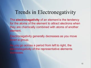 Trends in Electronegativity The  electronegativity  of an element is the tendency for the atoms of the element to attract electrons when they are chemically combined with atoms of another element. Electronegativity generally decreases as you move down a group. As you go across a period from left to right, the electronegativity of the representative elements increases. 