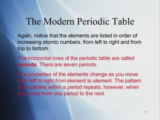 The Modern Periodic Table Again, notice that the elements are listed in order of increasing atomic numbers, from left to right and from top to bottom. The horizontal rows of the periodic table are called  periods . There are seven periods. The properties of the elements change as you move from left to right from element to element. The pattern of properties within a period repeats, however, when you move from one period to the next. 