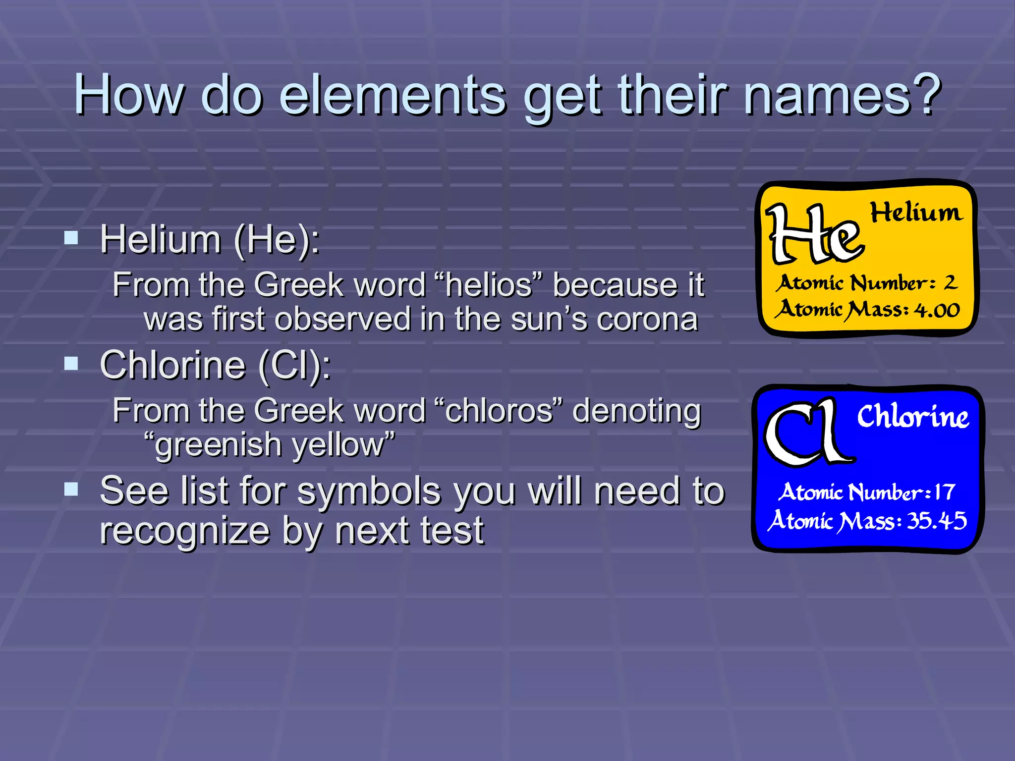 How do elements get their names? Helium (He): From the Greek word “helios” because it was first observed in the sun’s corona Chlorine (Cl): From the Greek word “chloros” denoting “greenish yellow” See list for symbols you will need to recognize by next test 