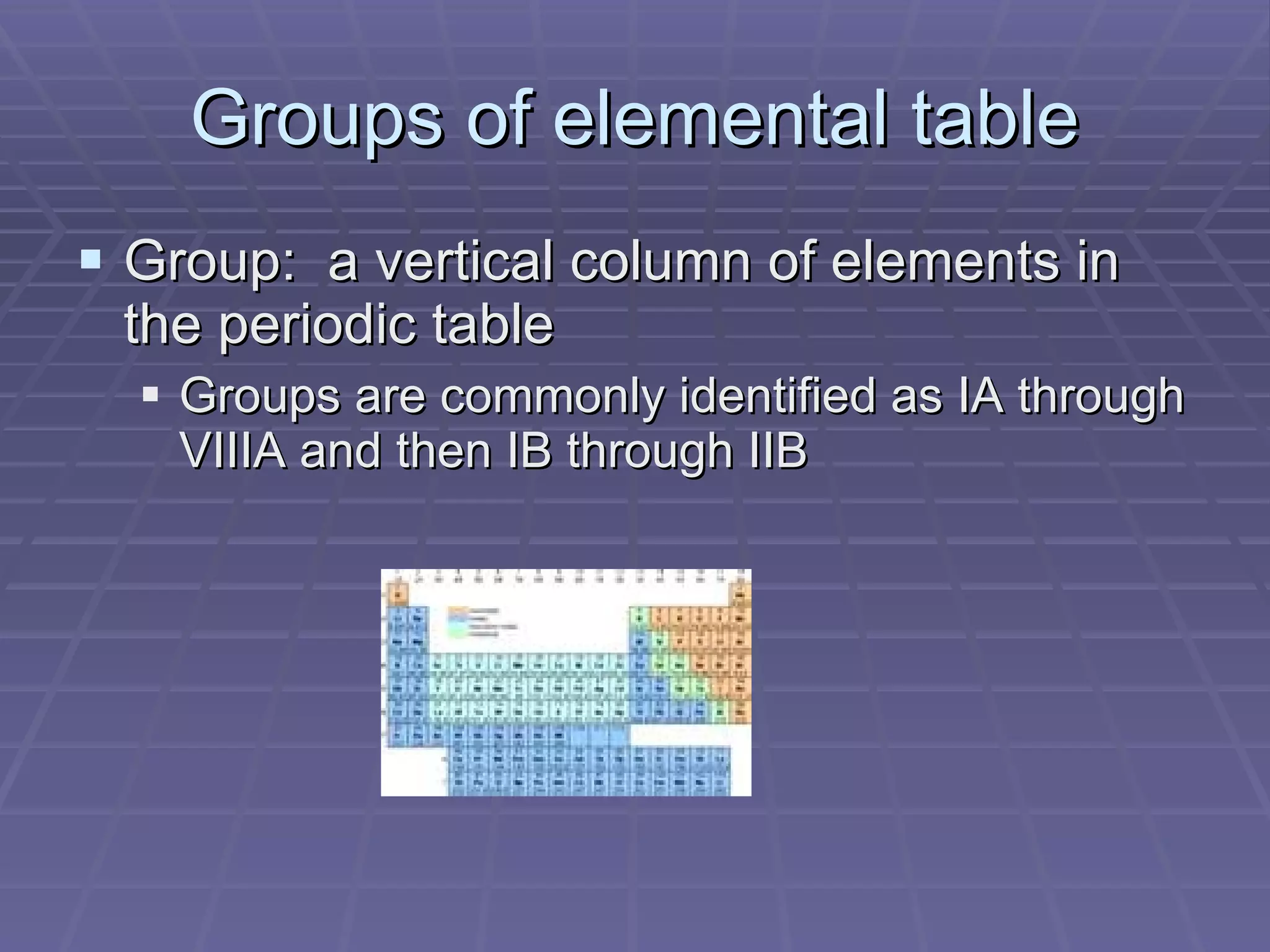 Groups of elemental table Group:  a vertical column of elements in the periodic table Groups are commonly identified as IA through VIIIA and then IB through IIB 