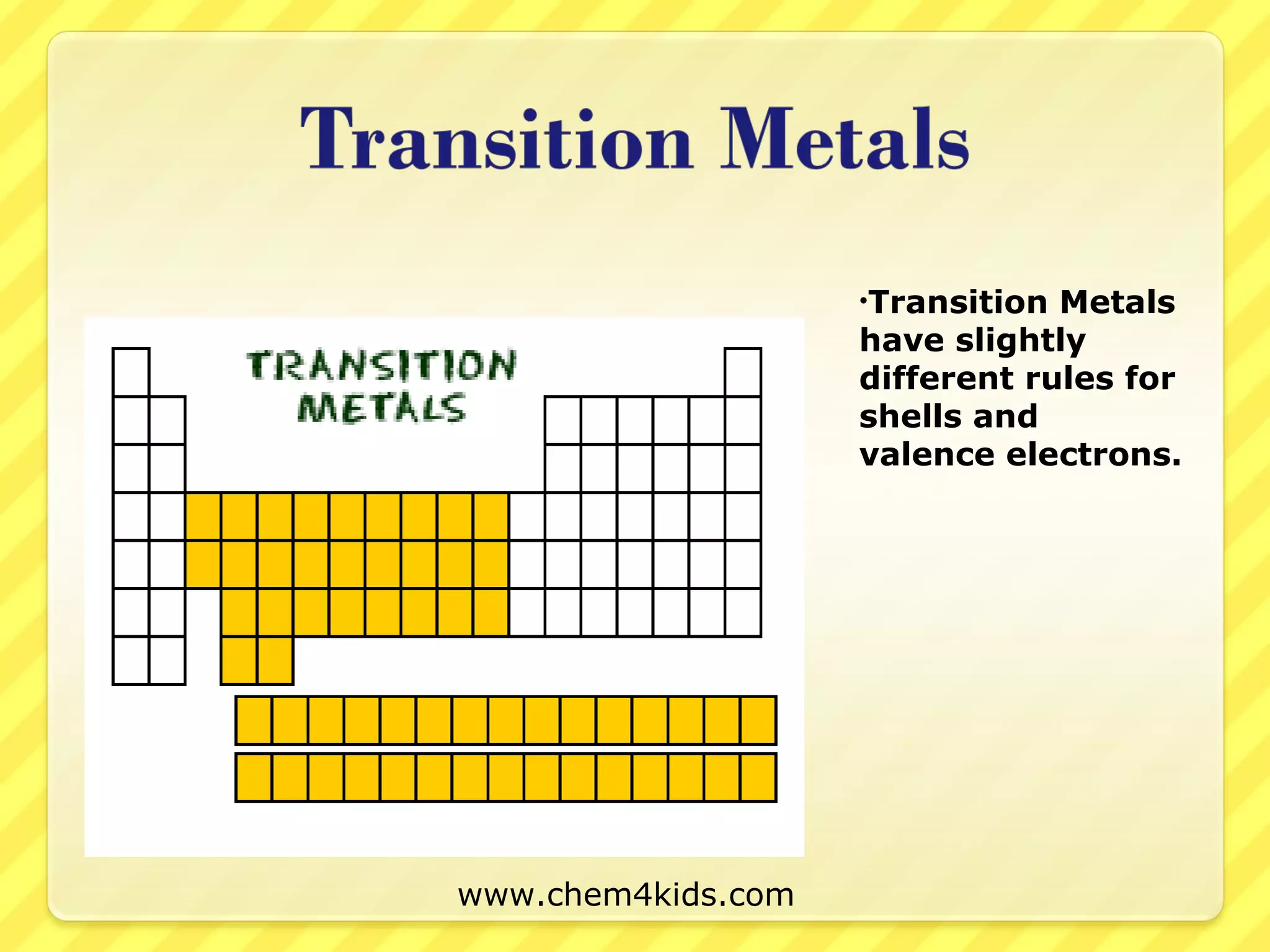 •Transition Metals
have slightly
different rules for
shells and
valence electrons.
www.chem4kids.com