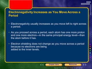 Electronegativity Increases as You Move Across a Period Electronegativity usually increases as you move left to right across a period.  As you proceed across a period, each atom has one more proton and one more electron—in the same principal energy level—than the atom before it has.  Electron shielding does not change as you move across a period because no electrons are being added to the inner levels. 