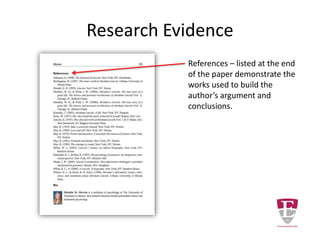 Research Evidence
References – listed at the end
of the paper demonstrate the
works used to build the
author’s argument and
conclusions.
 