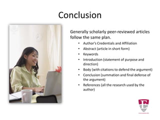 Conclusion
Generally scholarly peer-reviewed articles
follow the same plan.
• Author’s Credentials and Affiliation
• Abstract (article in short form)
• Keywords
• Introduction (statement of purpose and
direction)
• Body (with citations to defend the argument)
• Conclusion (summation and final defense of
the argument)
• References (all the research used by the
author)
 