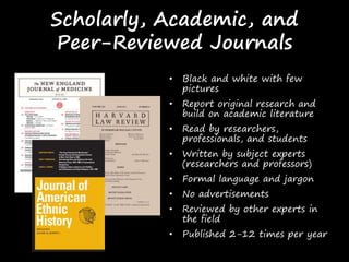 Scholarly, Academic, and
Peer-Reviewed Journals
• Black and white with few
pictures
• Report original research and
build on academic literature
• Read by researchers,
professionals, and students
• Written by subject experts
(researchers and professors)
• Formal language and jargon
• No advertisements
• Reviewed by other experts in
the field
• Published 2-12 times per year